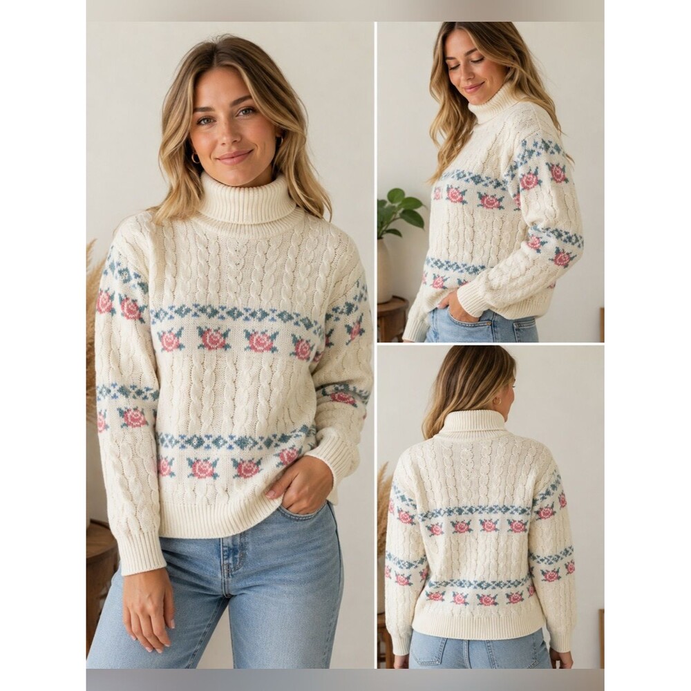 Vintage Floral Fair Isle Sweater Cable Knit Rose Ivory Blue, USA, L Butter Mom